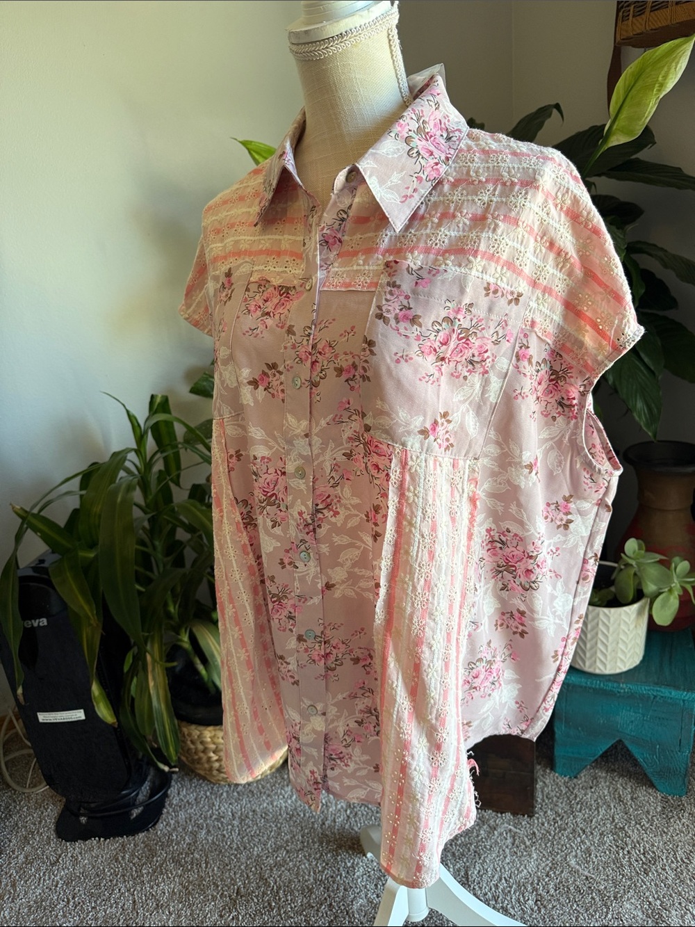 Women's Pink Floral Button-Down Shirt with Lace Trim